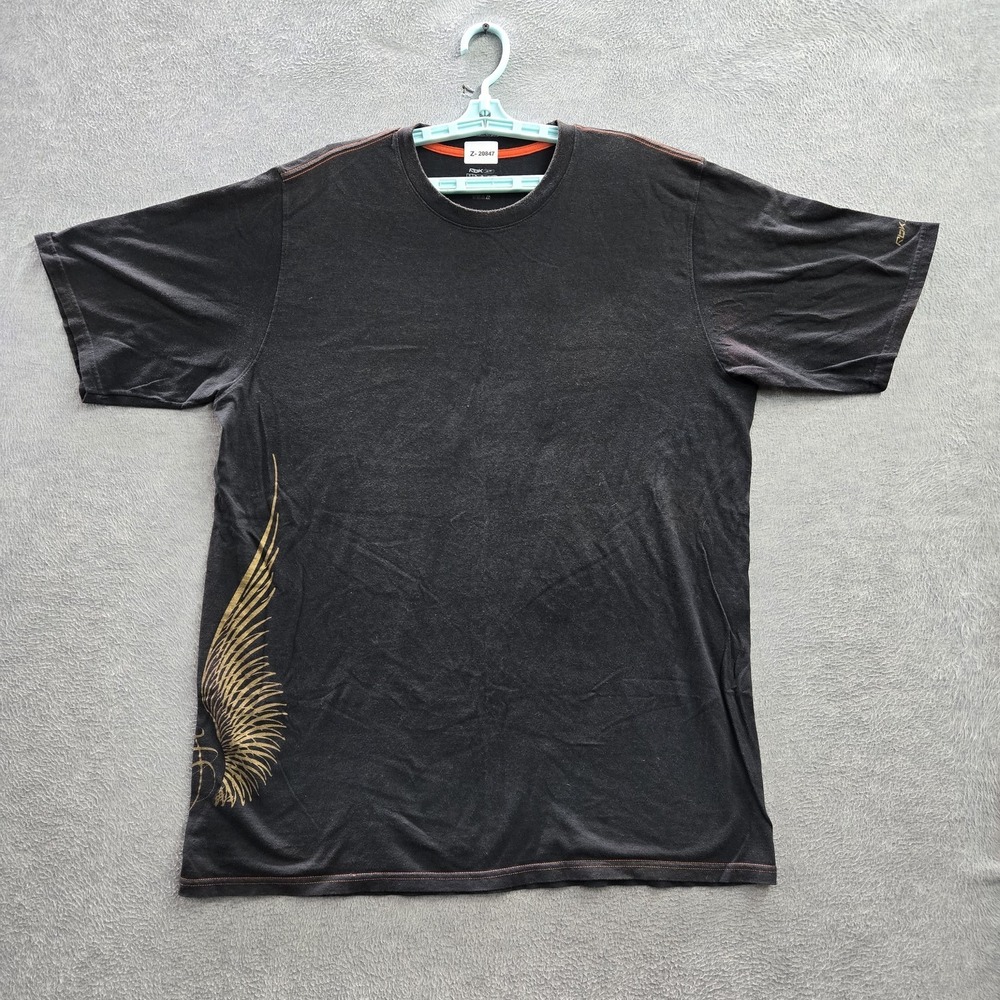 Reebok Men Shirt XL Black Graphic Wing Grunge Short Sleeve Logo Y2K READ
